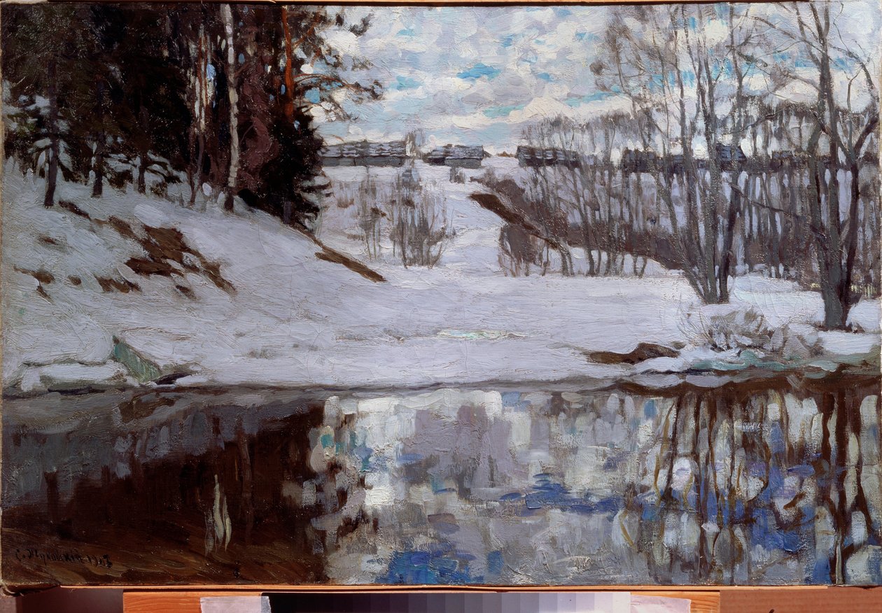 En elv frigjort fra is. Maleri av Stanislav Yulianovich Zhukovsky (Zhukovsky) (1873-1944), olje på lerret av Stanislav Joulianovitch Joukovski