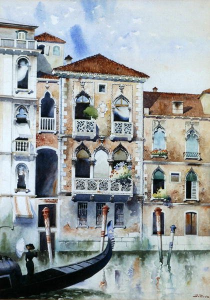 Venetiansk scene (akvarell om bord) av Stanislaw Tondos