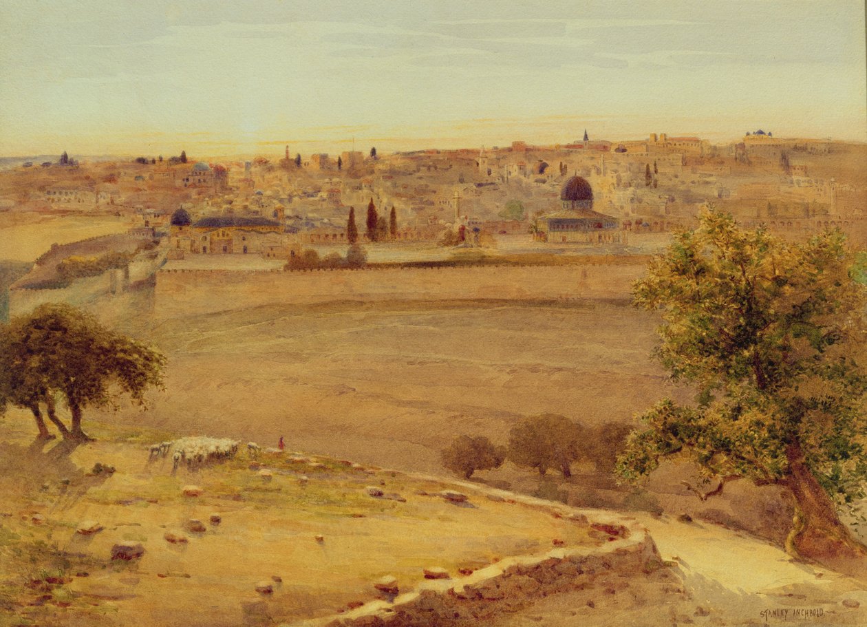 Jerusalem fra Oljeberget (wc på papir) av Stanley Inchbold