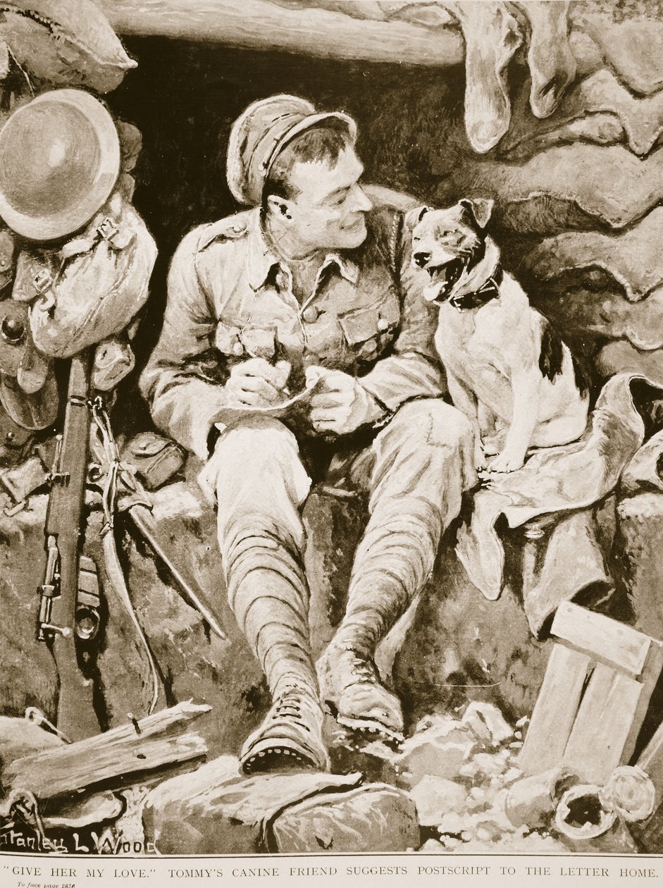 Gi henne min kjærlighet, Tommys hundevenn foreslår etterskrift til brevhjemmet, fra War Illustrated, ca. 1916 av Stanley L. Wood