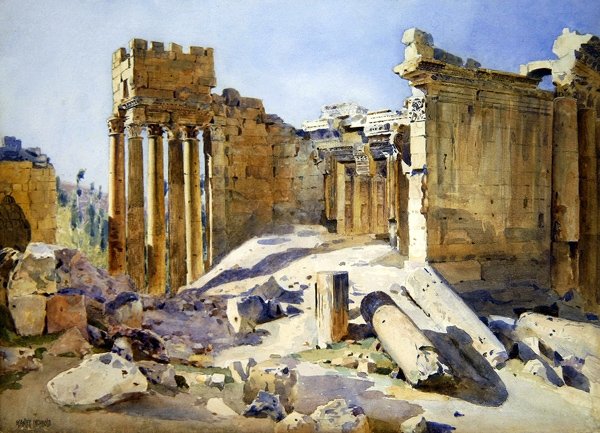 Ruiner ved Baalbek, ca. 1905 (akvarell på papir) av Stanley Inchbold