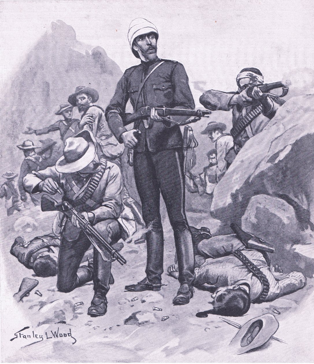 Oberst Buller ved Inhlobane Mountain, mars 1879, illustrasjon fra British Battles on Land and Sea, 1915 av Stanley L. Wood