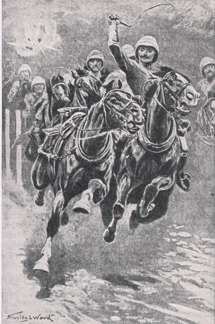 Løytnant Maclaine tar opp våpnene ved Maiwand, 17. juli 1880, illustrasjon fra British Battles on Land and Sea, 1915 av Stanley L. Wood