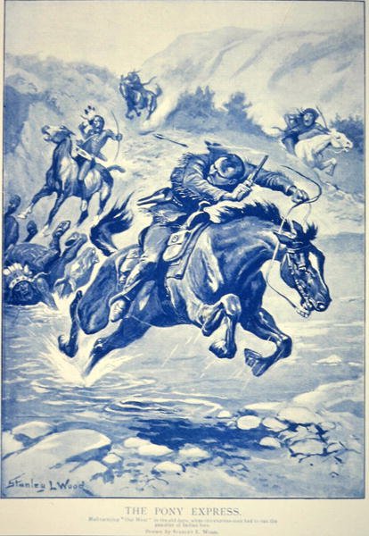 Pony Express forfulgt av indianere (litho) av Stanley L. Wood