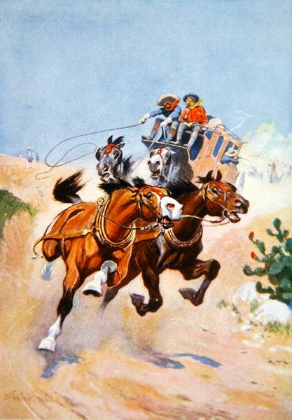 Diligens forfulgt av indianere (farge litho) av Stanley L. Wood