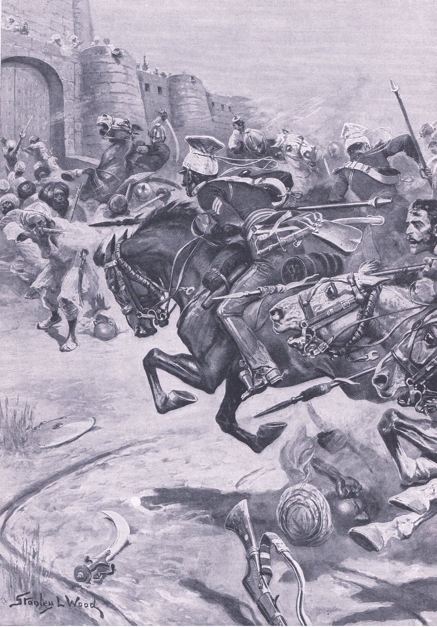 Den 16. Lancers and Skinners-hesten som driver Jats inn i Bharatpur; Desember 1825, illustrasjon fra British Battles on Land and Sea, 1915 av Stanley L. Wood