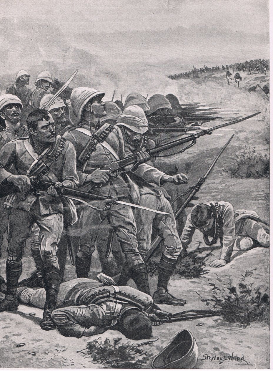 Torget ved ABU-Kru, 19. januar 1885, illustrasjon fra British Battles on Land and Sea, 1915 av Stanley L. Wood