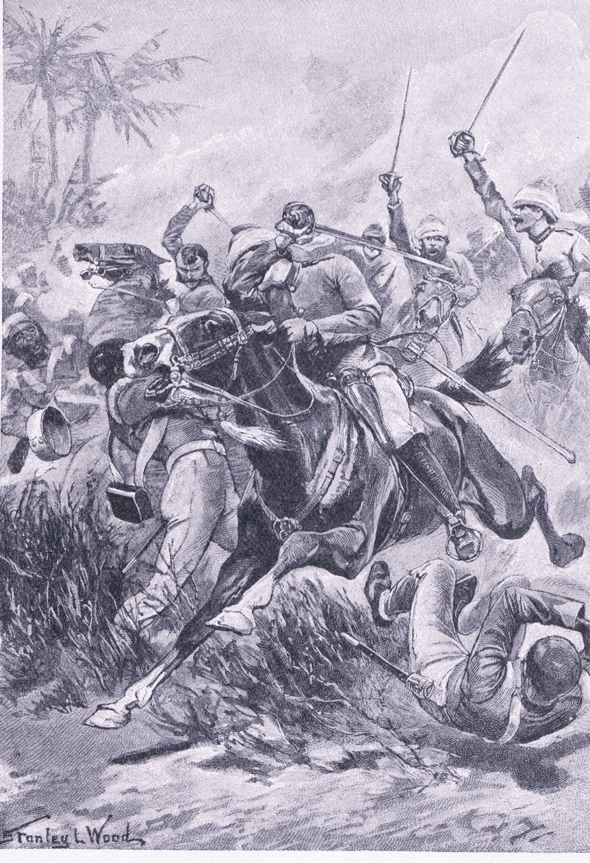 Frivillig kavaleri utenfor Lucknow, 30. juni 1857, illustrasjon fra British Battles on Land and Sea, 1915 av Stanley L. Wood