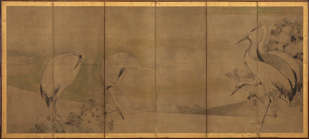 Traner og krysantemum, Momoyama- eller Edo-perioden, 1568-1868. av Sôtatsu