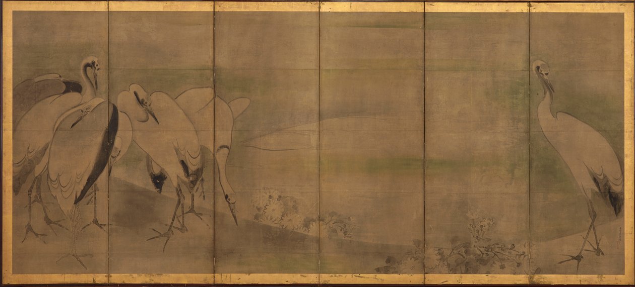 Traner og krysantemum, Momoyama- eller Edo-perioden, 1568-1868. av Sôtatsu
