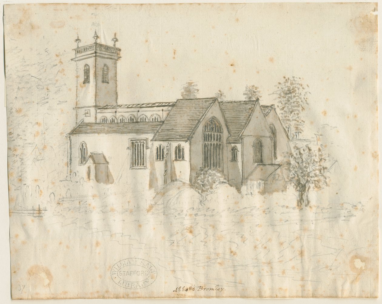 Abbots Bromley Church: blyantskisse med lett vask, nd [1762-1802] av Stebbing Shaw