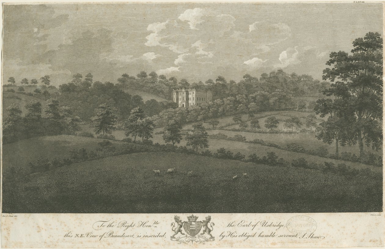 Beaudesert Hall and Park: stålgravering, nd [1762-1802] (trykk) av Stebbing Shaw