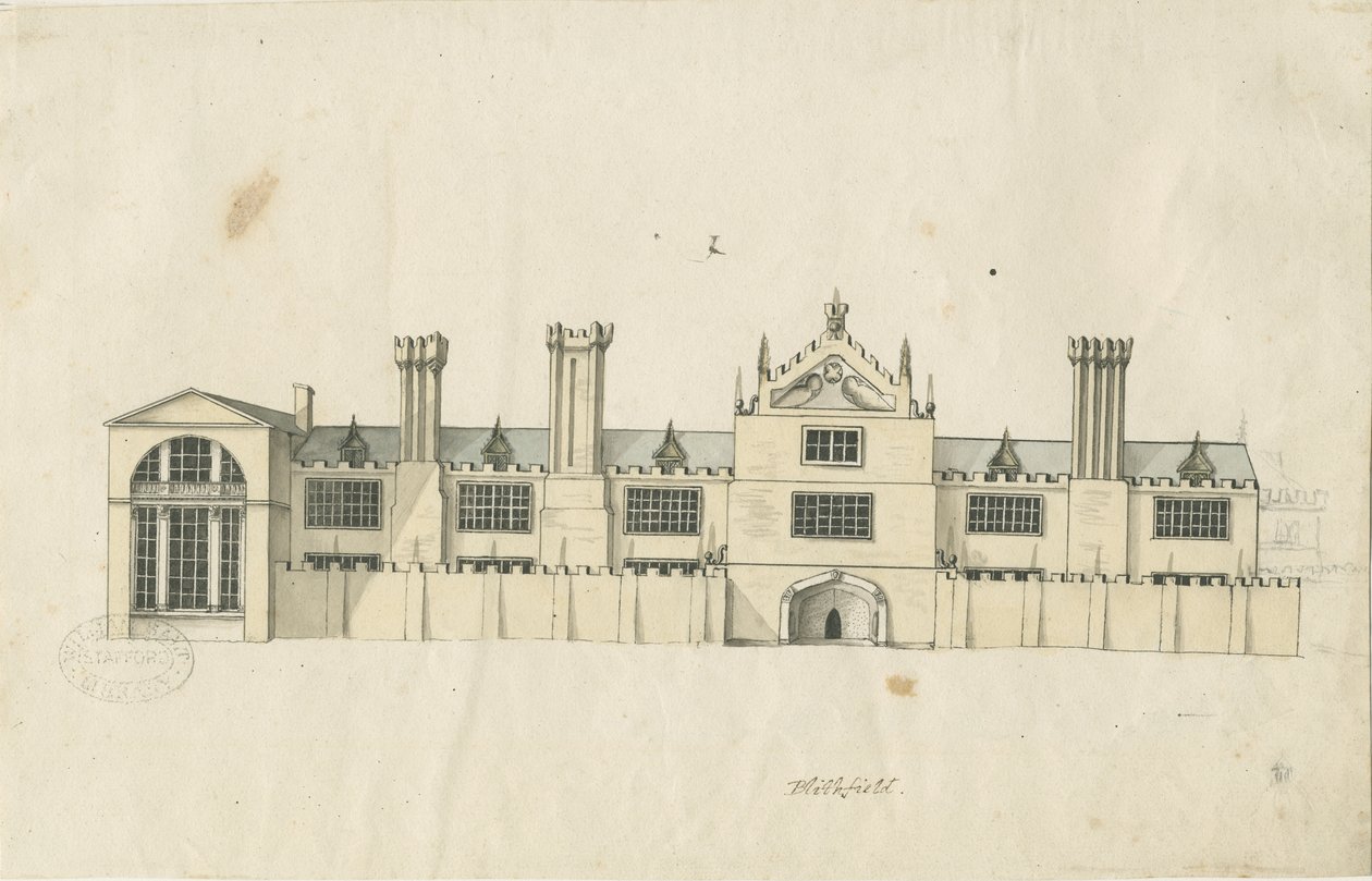 Blithfield Hall: tonet penntegning, og [1700-tallet] (tegning) av Stebbing Shaw