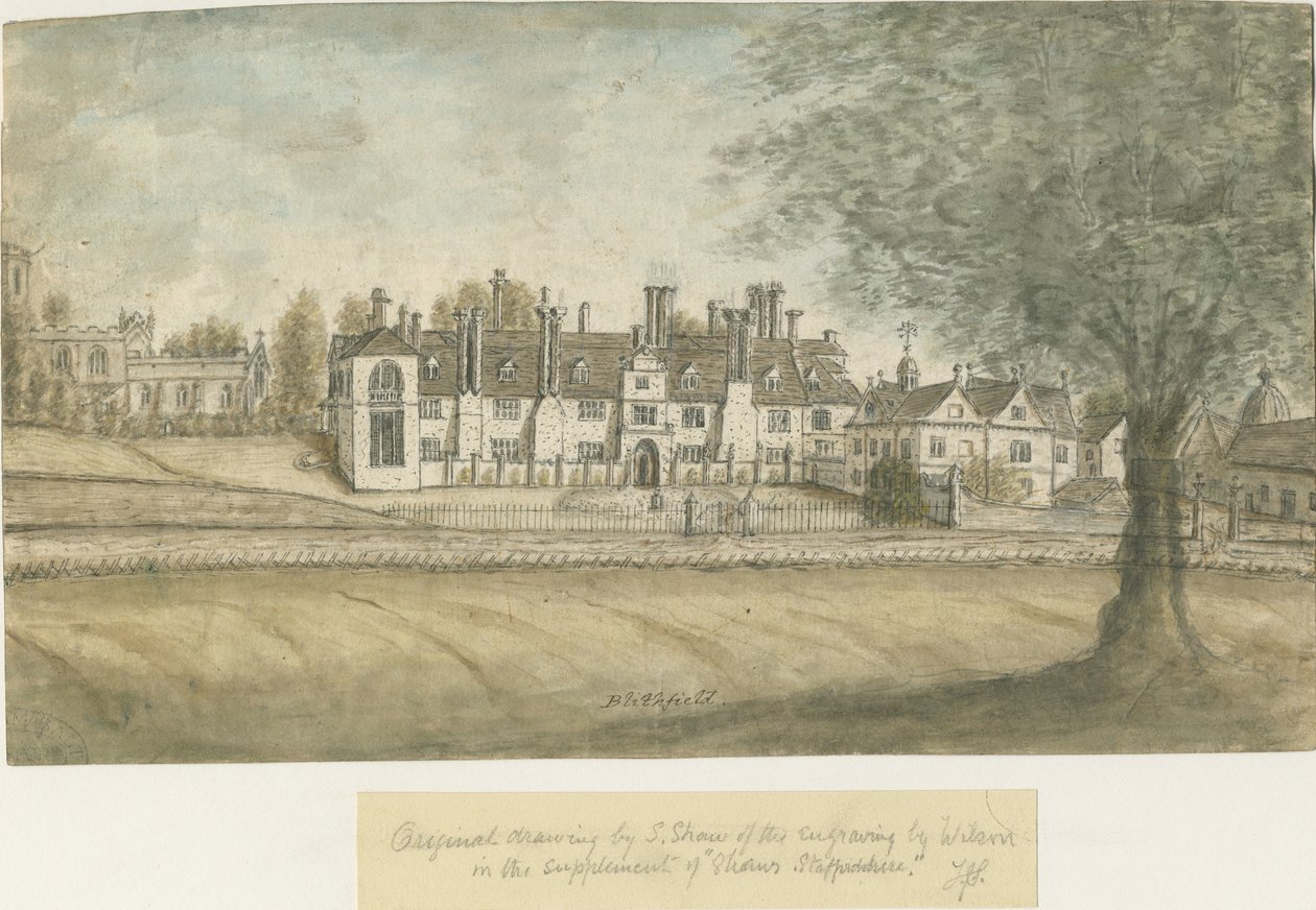 Blithfield Hall: akvarellmaleri, nd [1700-tallet] av Stebbing Shaw