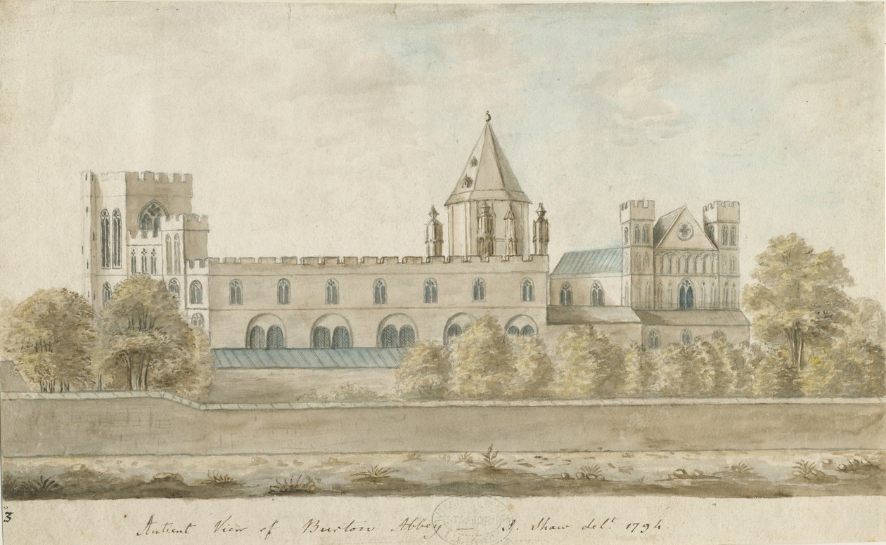 Burton-upon-Trent Abbey: vannfargemaleri, 1794 av Stebbing Shaw