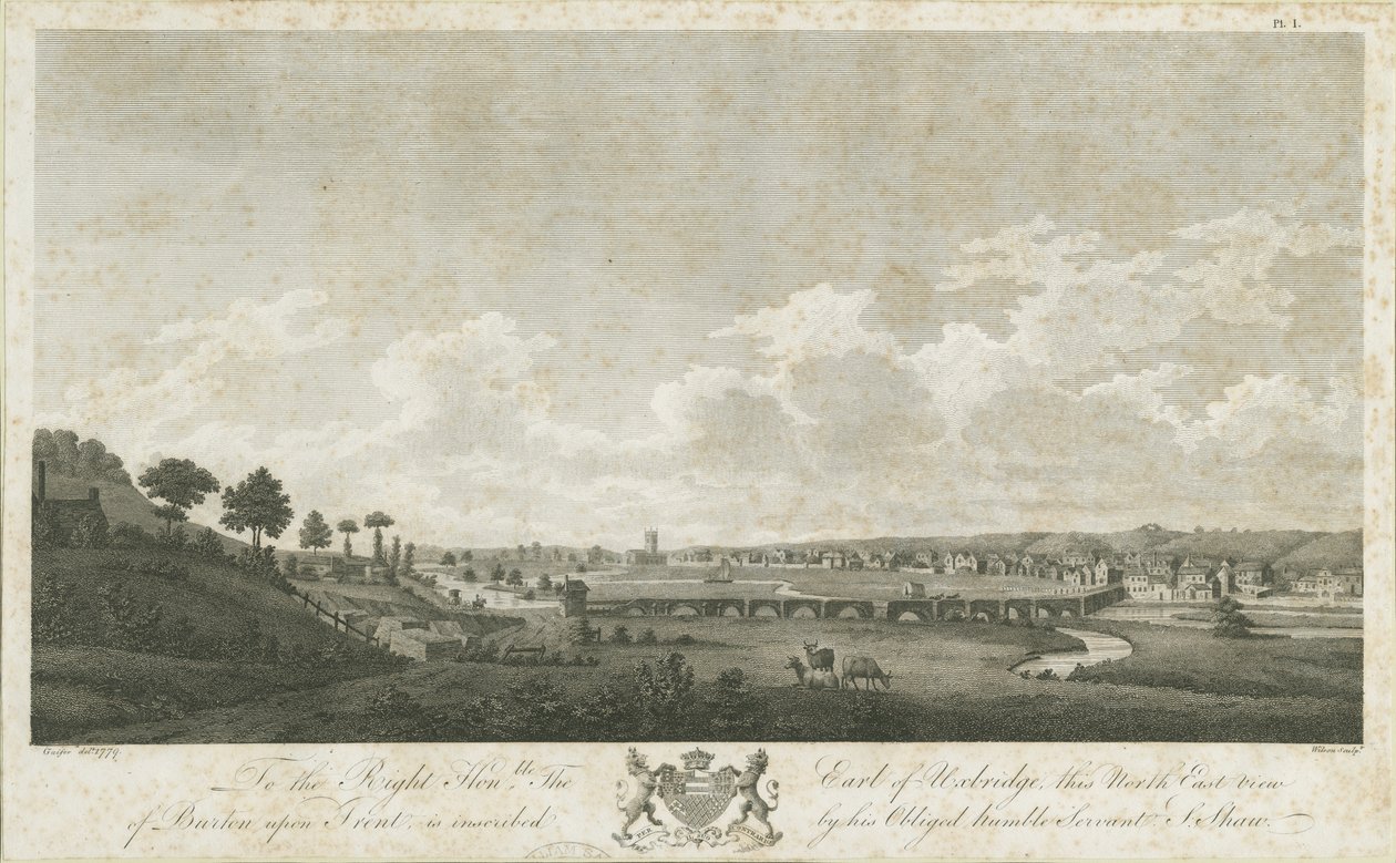 Burton-upon-Trent Bridge and Town: gravering, 1779 av Stebbing Shaw