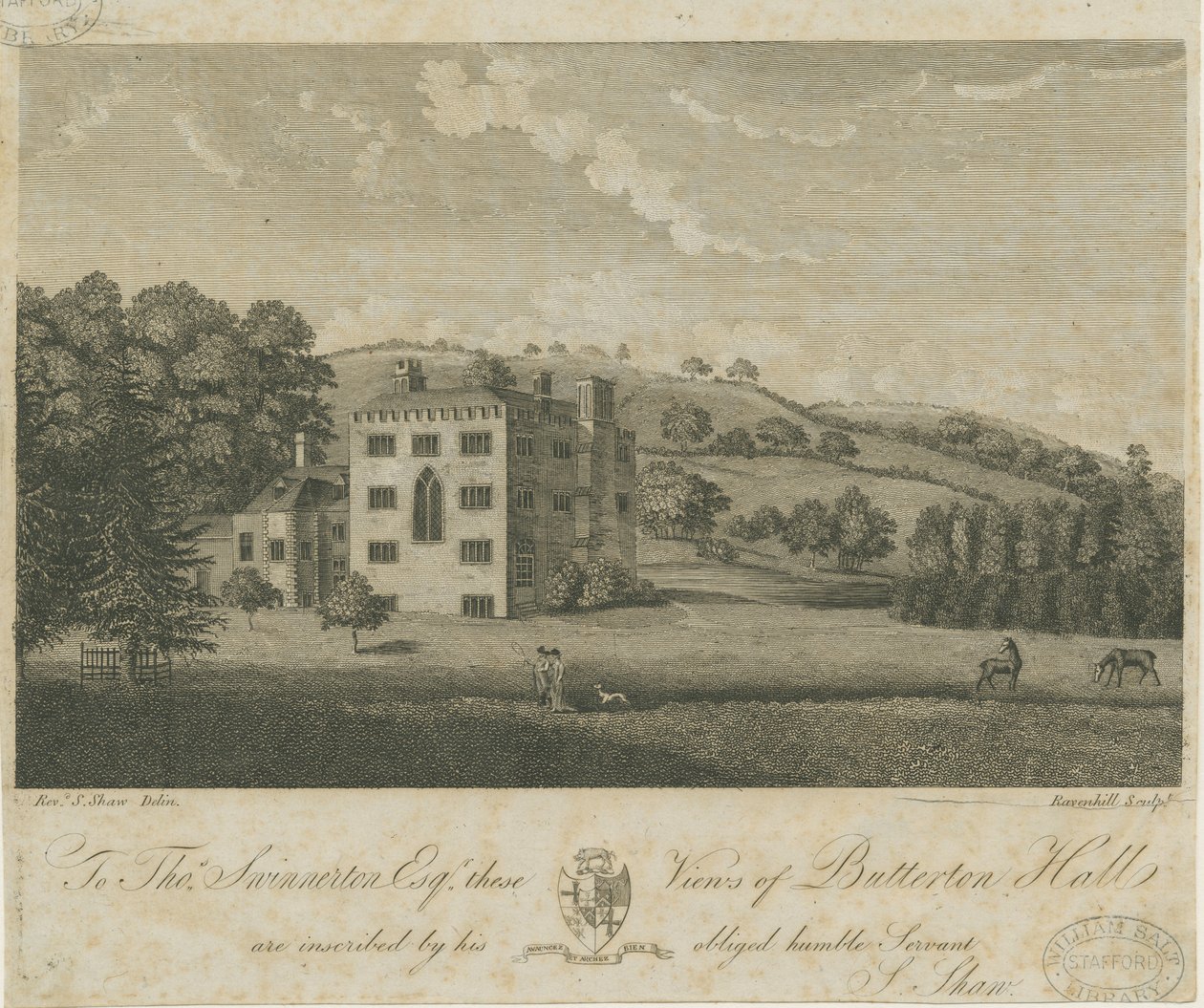 Butterton Hall: gravering, og [1700-tallet] av Stebbing Shaw