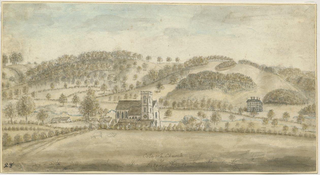 Colwich Church og Oakedge House: vannfargemaleri, nd [1762-1802] (maleri) av Stebbing Shaw
