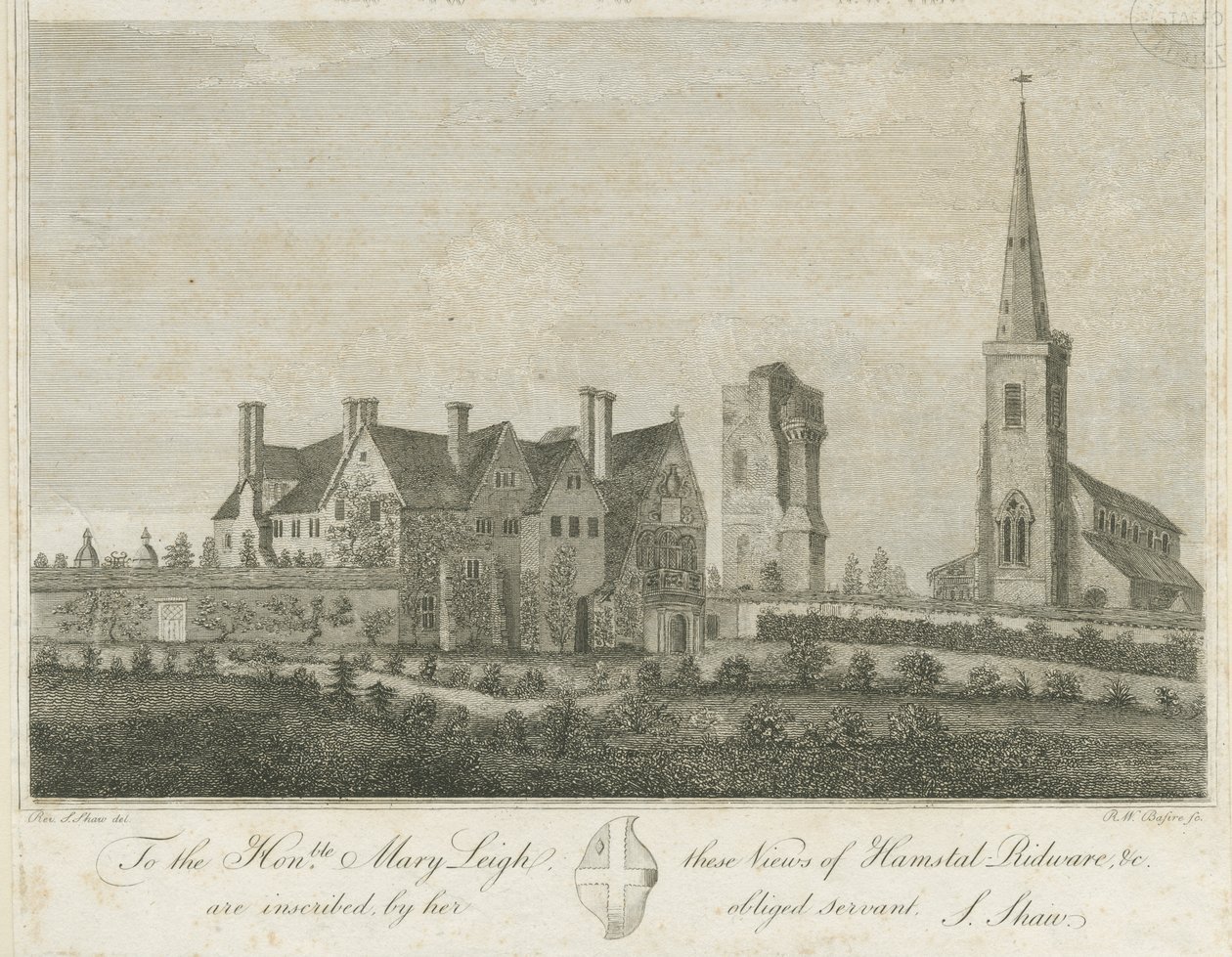 Hamstall Ridware - kirke og herregård: gravering, nd [1762-1802] av Stebbing Shaw