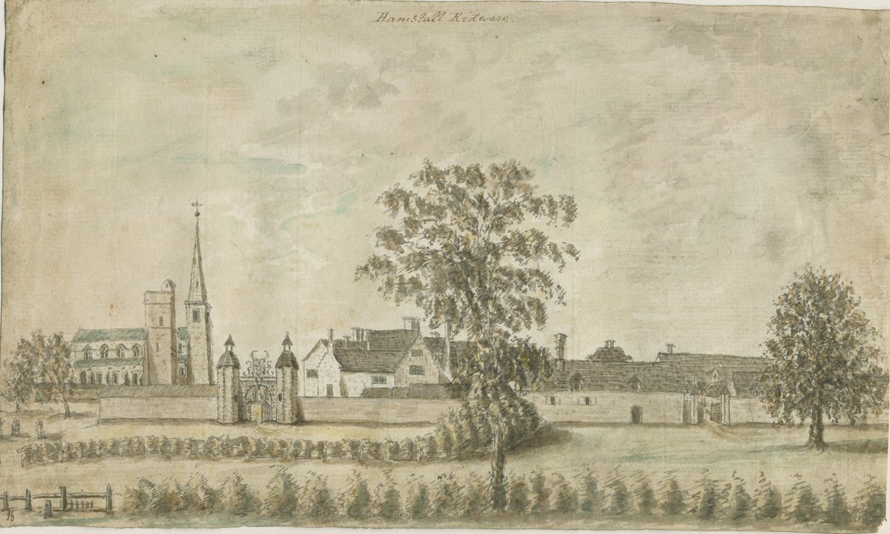 Hamstall Ridware - kirke og herregård: vannfargemaleri, nd [1762-1802] av Stebbing Shaw