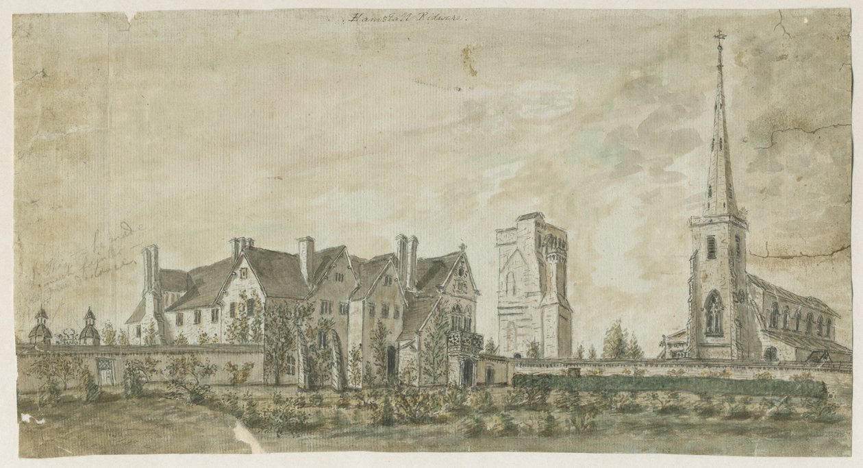 Hamstall Ridware - kirke og herregård: vannfargemaleri, nd [1762-1802] av Stebbing Shaw