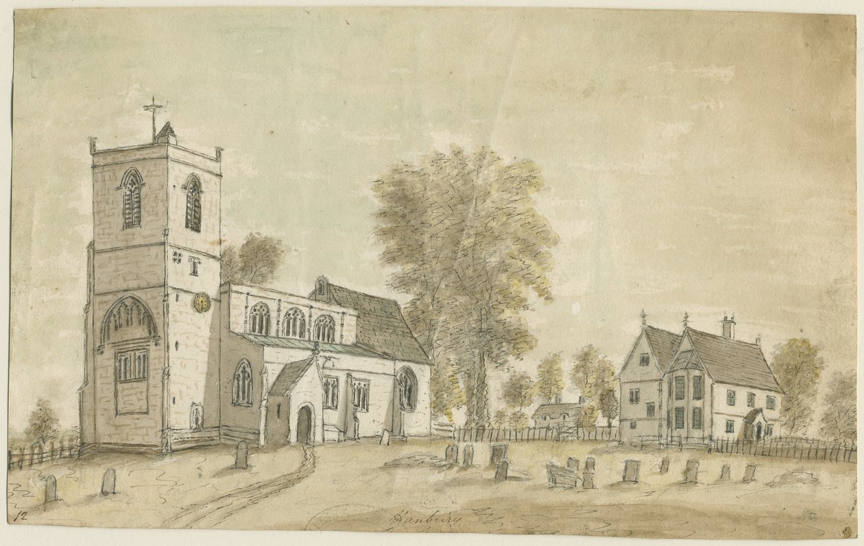 Hanbury Church: vannfargemaleri, 1791 av Stebbing Shaw