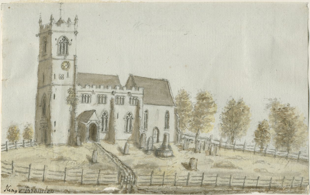 Kings Bromley Church: akvarellmaling, og [c 1796] av Stebbing Shaw