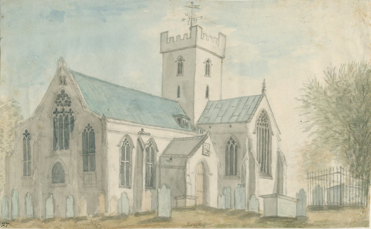 Leigh Church: akvarellmaling, og [c 1795] av Stebbing Shaw