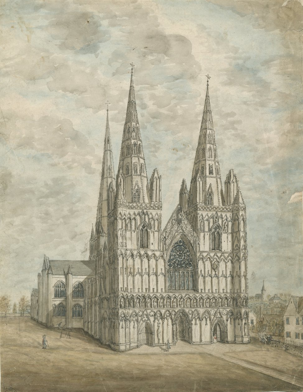 Lichfield Cathedral - West Front: akvarellmaleri, nd [1762-1802] av Stebbing Shaw
