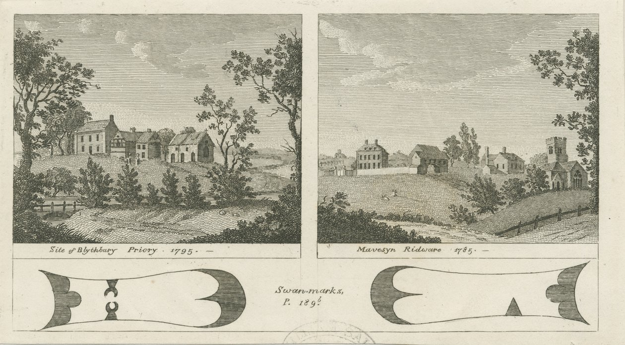 Mavesyn Ridware - Site of Blythbury Priory: gravering, 1795 av Stebbing Shaw