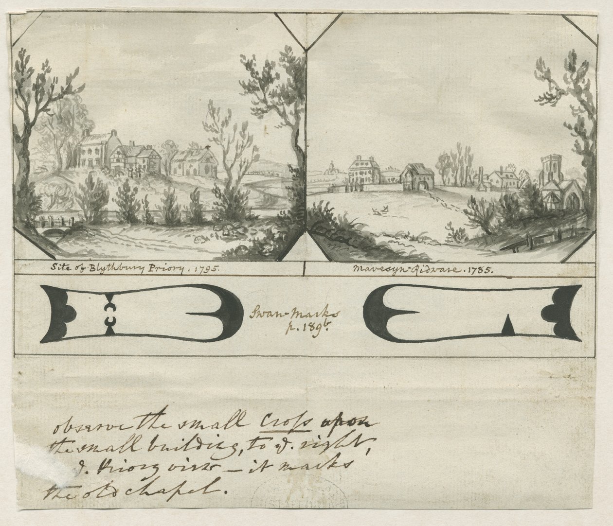 Mavesyn Ridware - Site of Blythbury Priory: indisk blekktegning, 1795 av Stebbing Shaw