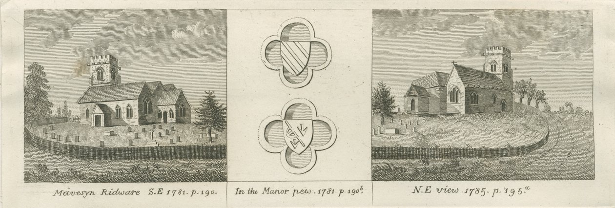 Mavesyn Ridware Church: gravering, 1781 av Stebbing Shaw