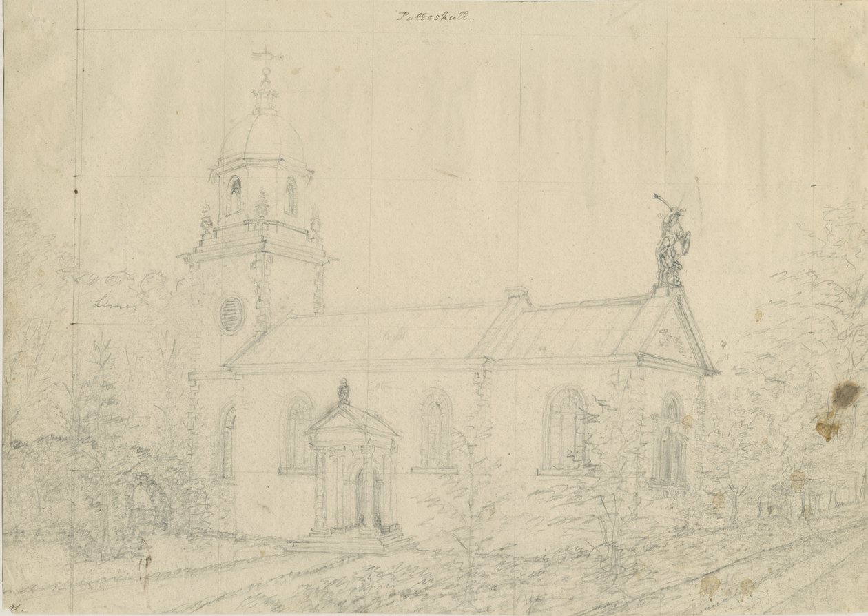 Patshull kirke: blyanttegning, nd [1762-1802] av Stebbing Shaw