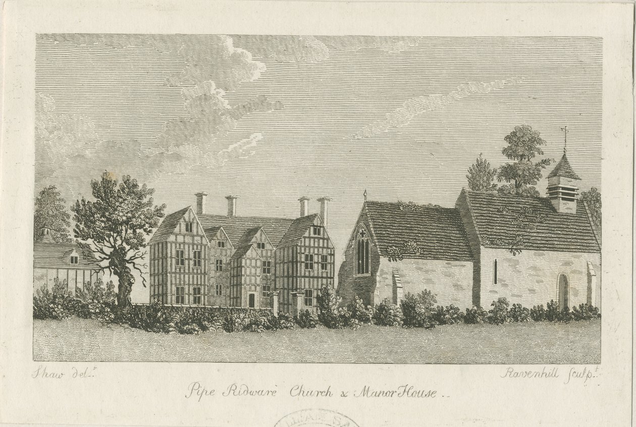 Pipe Ridware kirke og herregård: gravering, nd [1762-1798] av Stebbing Shaw
