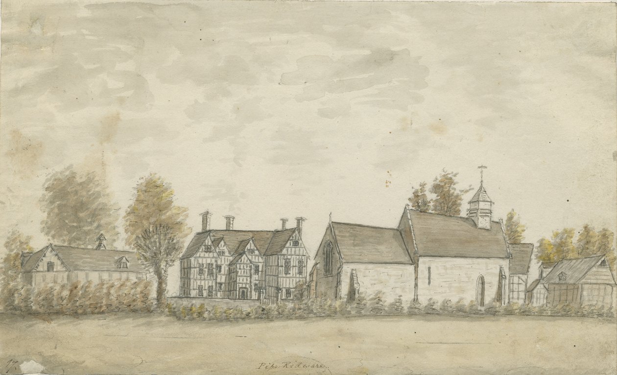 Pipe Ridware kirke og herregård: vannfargemaleri, nd [1762-1798] av Stebbing Shaw