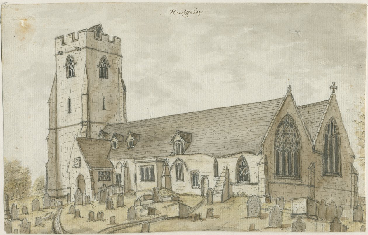 Rugeley Church (gammel): vannfargemaleri, nd [1762-1802] (maleri) av Stebbing Shaw