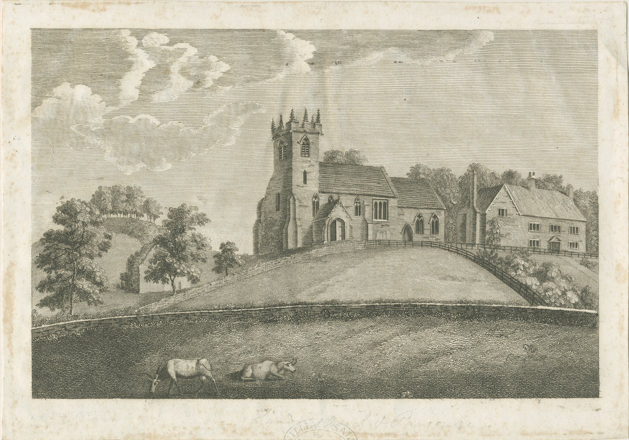 Sandon kirke og prestegård: gravering, nd [1797] (trykk) av Stebbing Shaw