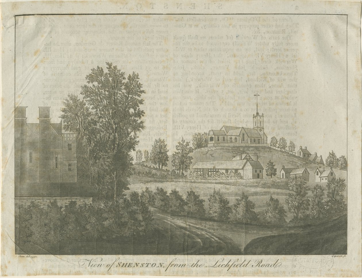 Shenstone Church and Village: akvatintgravering, 1792 av Stebbing Shaw