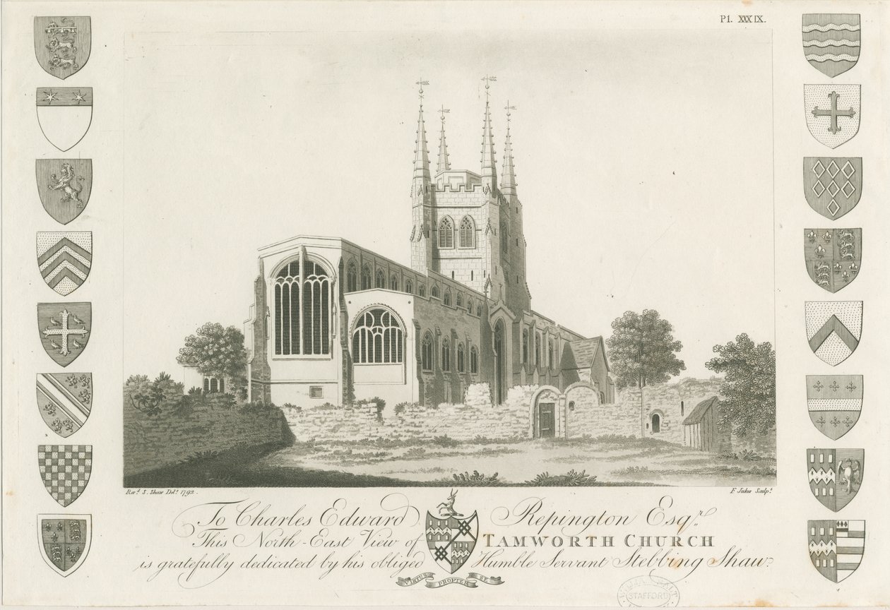 Tamworth Church: akvatintgravering, 1792 av Stebbing Shaw