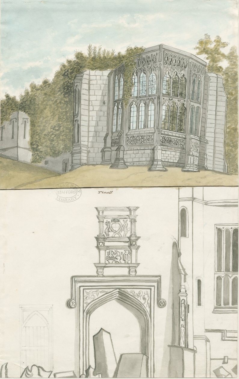 Tixall - Gothic Window and Heraldic Antiquities: akvarellmaleri, nd [1762-1802] (maleri) av Stebbing Shaw