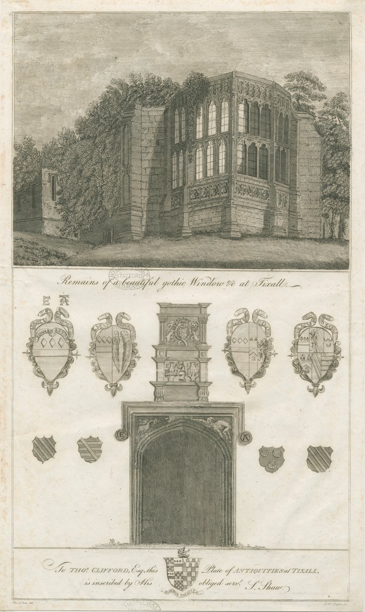 Tixall Hall - Gotisk vindu og heraldiske antikviteter: gravering, nd [1762-1802] (trykk) av Stebbing Shaw