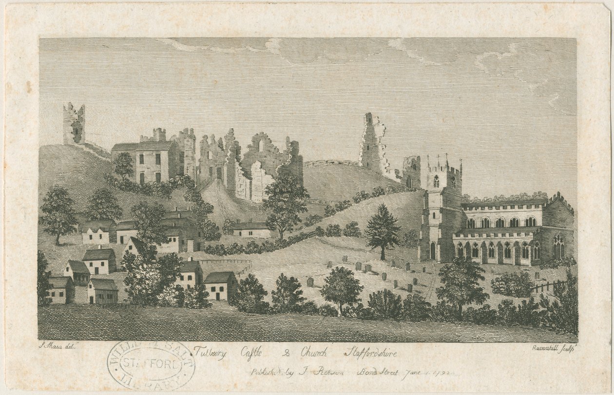 Tutbury Castle and Church - South East View: gravering, nd [1762-1792] (trykk) av Stebbing Shaw