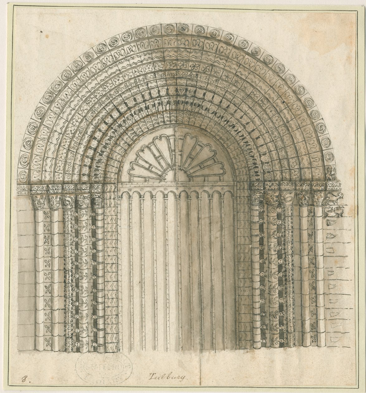 Tutbury Priory Church - Arch in West Door: penn- og sepia-tegning, nd [1762-1802] (trykk) av Stebbing Shaw