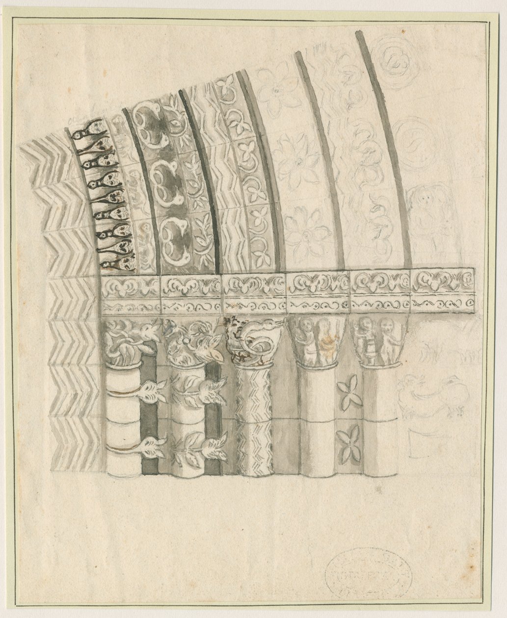 Tutbury Priory Church - West Doorway: penn- og sepia-tegning, nd [1762-1802] av Stebbing Shaw