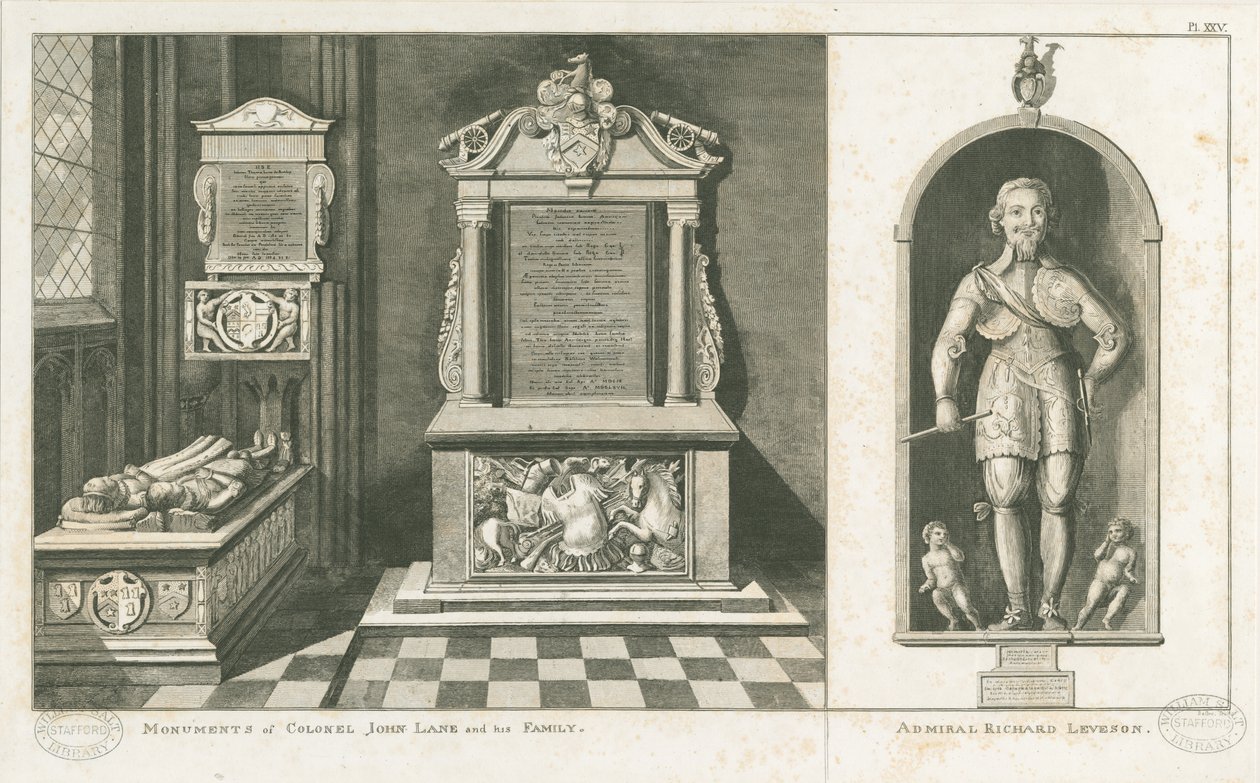 Wolverhampton - Monumenter til oberst John Lane og admiral Richard Leveson: gravering, nd [c 1798] (trykk) av Stebbing Shaw