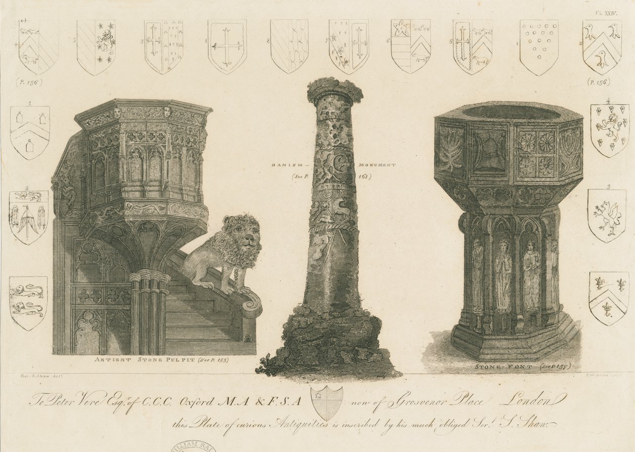 Wolverhampton - Prekestol, søyle og font i St. Peters kirke: gravering, nd [c 1798] (trykk) av Stebbing Shaw