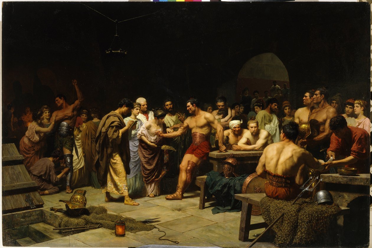 Gladiatorer før de går inn på arenaen. (Gladiatorene før en opptreden på Arena). Romerske patrisiere besøker og vurderer fysikken til gladiatorer før kampen, kvinner smigrer og gratulerer kjemperne. Maleri av Stepan ( av Stefan Vladislavovich Bakalowicz