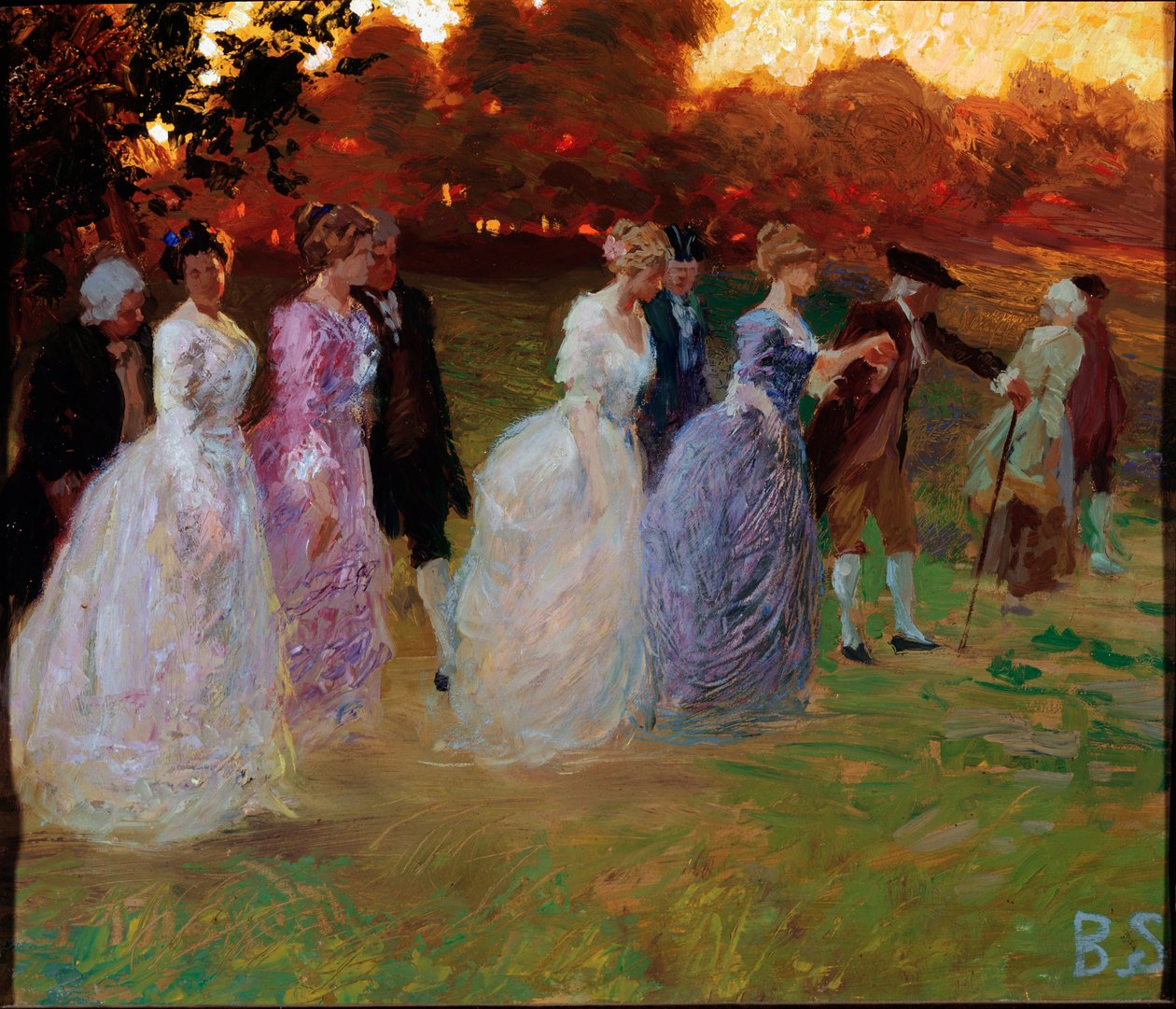 Retur av palasset Elegante unge mennesker som vender tilbake fra en verdslig begivenhet (fest eller mottakelse) (Return from the palace) Maleri av Stefano Baghino (1881-1920) gener, Galleria d'Arte Moderna av Stefano Baghino