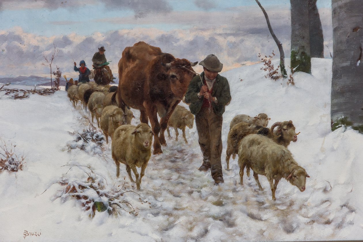 Kommer tilbake fra markedet etter snøfallet", før 1877 (olje på lerret) av Stefano Bruzzi