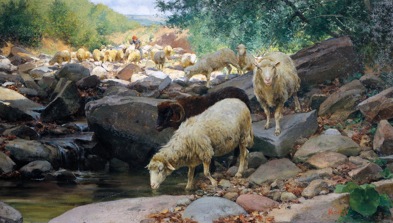 Flokkvanning ved Restano-bekken, maleri av Stefano Bruzzi (1835-1911), Italia av Stefano Bruzzi